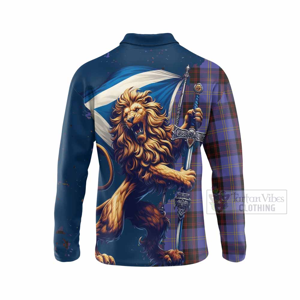 Tartan Vibes Clothing Rutherford Tartan Family Crest Long Sleeve Polo Shirt with Scottish Majestic Lion