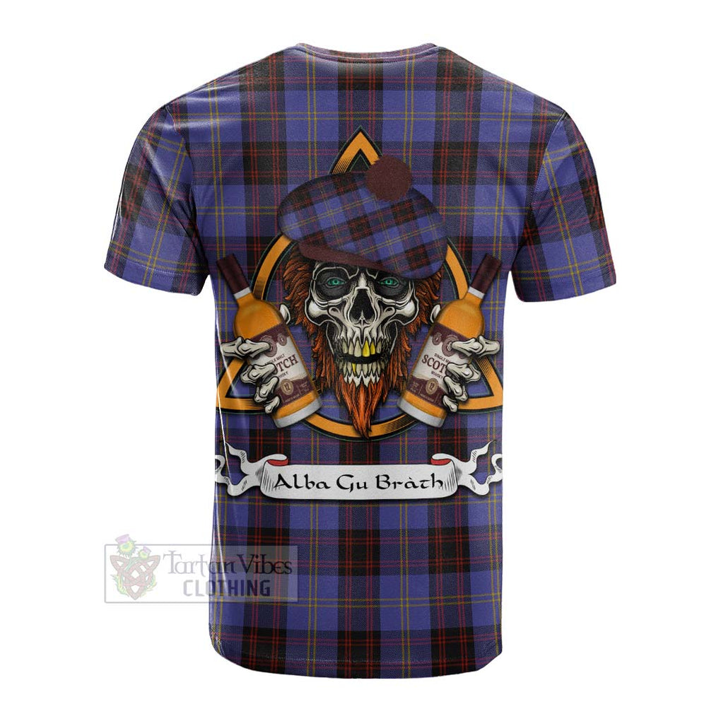 Tartan Vibes Clothing Rutherford Tartan Cotton T-shirt with Family Crest and Bearded Skull Holding Bottles of Whiskey