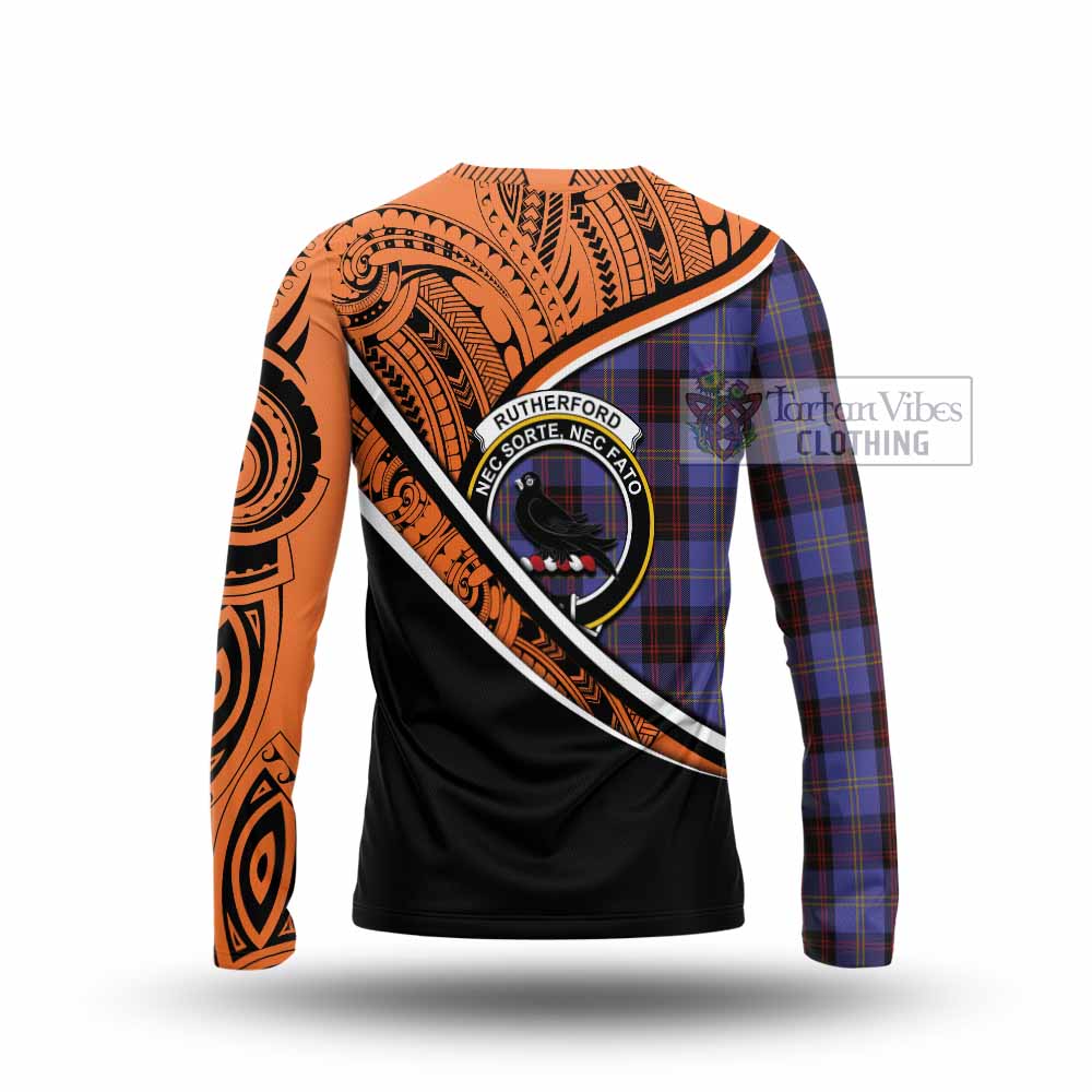 Tartan Vibes Clothing Rutherford Crest Tartan Long Sleeve T-Shirt with Maori Tattoo Style - Orange Version