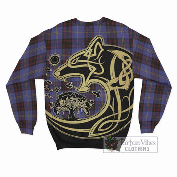 Rutherford Tartan Sweatshirt with Family Crest Celtic Wolf Style