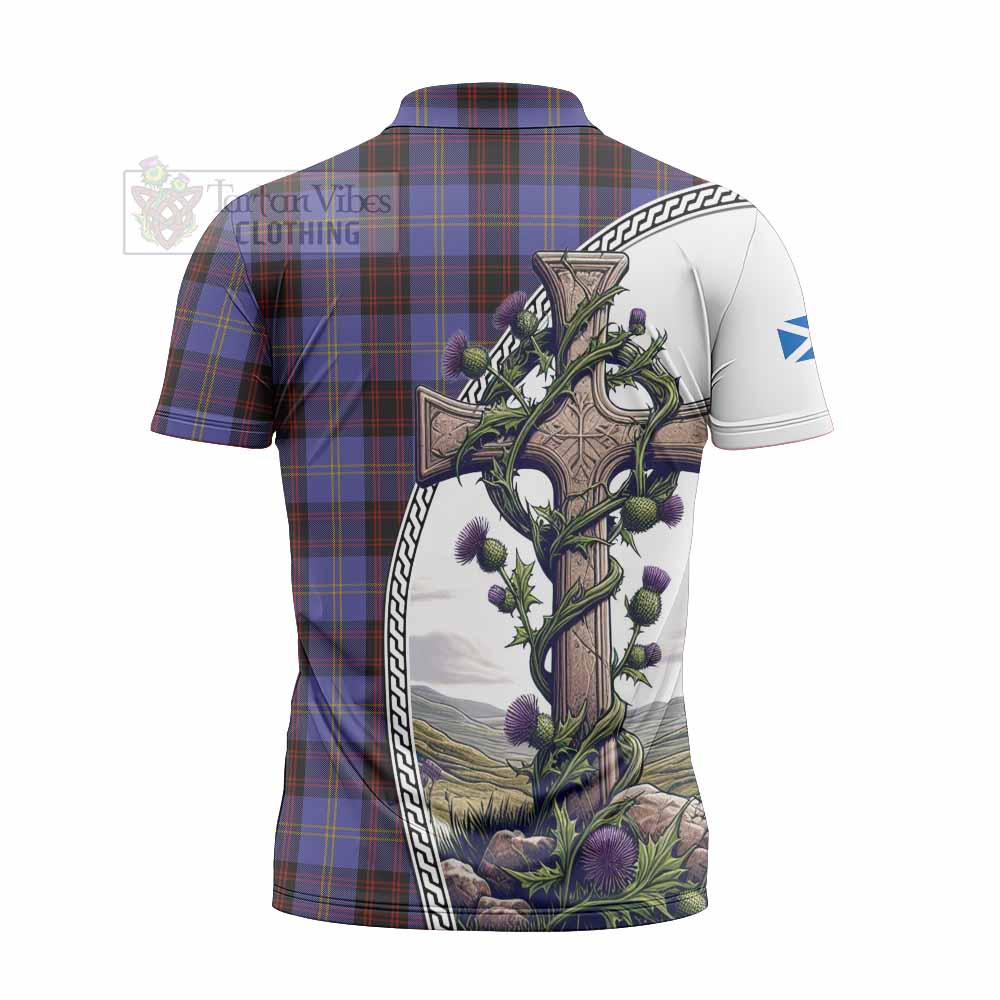 Tartan Vibes Clothing Rutherford Tartan Zipper Polo Shirt with Family Crest and St. Andrew's Cross Accented by Thistle Vines