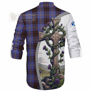 Rutherford Tartan Ghillie Kilt Shirt with Family Crest and St. Andrew's Cross Accented by Thistle Vines