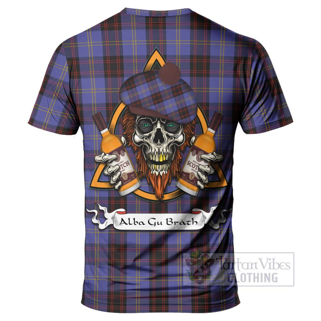 Tartan Vibes Clothing Rutherford Tartan T-Shirt with Family Crest and Bearded Skull Holding Bottles of Whiskey