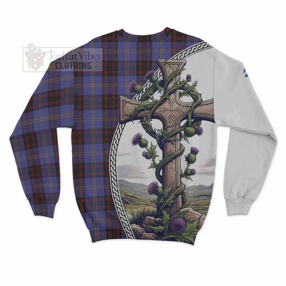 Tartan Vibes Clothing Rutherford Tartan Sweatshirt with Family Crest and St. Andrew's Cross Accented by Thistle Vines