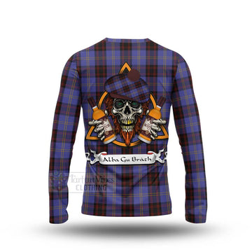 Rutherford Tartan Long Sleeve T-Shirt with Family Crest and Bearded Skull Holding Bottles of Whiskey