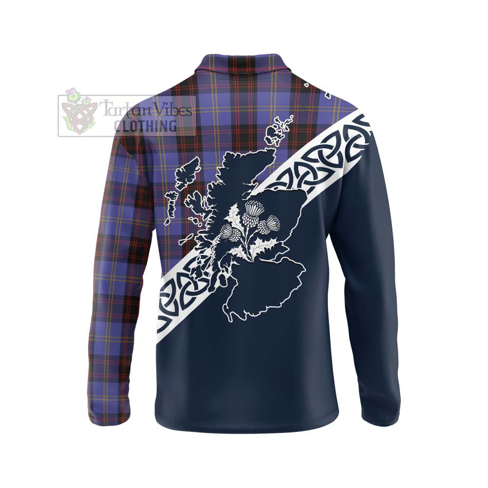 Tartan Vibes Clothing Rutherford Tartan Long Sleeve Polo Shirt Featuring Thistle and Scotland Map