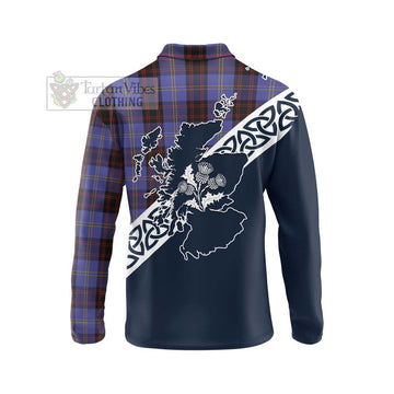 Rutherford Tartan Long Sleeve Polo Shirt Featuring Thistle and Scotland Map