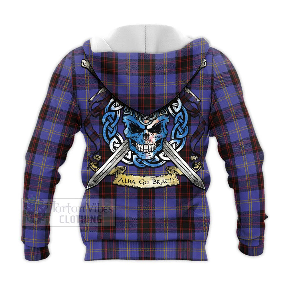 Tartan Vibes Clothing Rutherford Tartan Knitted Hoodie with Family Crest Celtic Skull Style