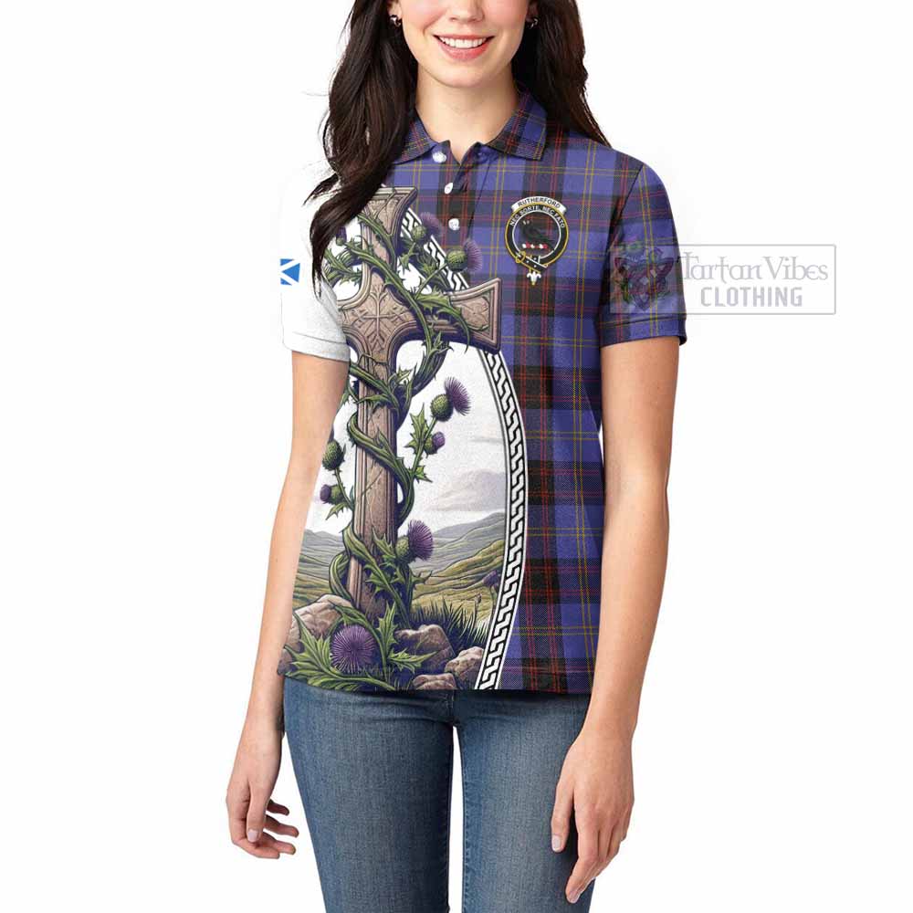 Tartan Vibes Clothing Rutherford Tartan Women's Polo Shirt with Family Crest and St. Andrew's Cross Accented by Thistle Vines