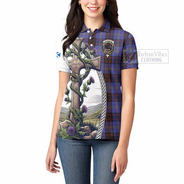 Rutherford Tartan Women's Polo Shirt with Family Crest and St. Andrew's Cross Accented by Thistle Vines