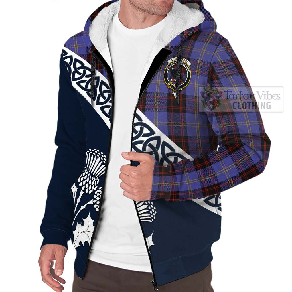 Tartan Vibes Clothing Rutherford Tartan Sherpa Hoodie Featuring Thistle and Scotland Map