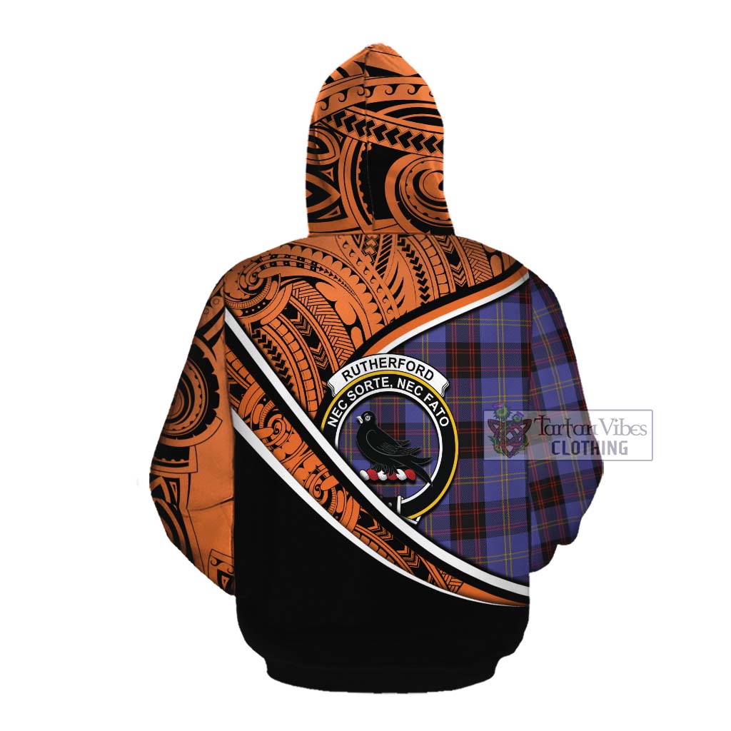 Tartan Vibes Clothing Rutherford Crest Tartan Cotton Hoodie with Maori Tattoo Style - Orange Version