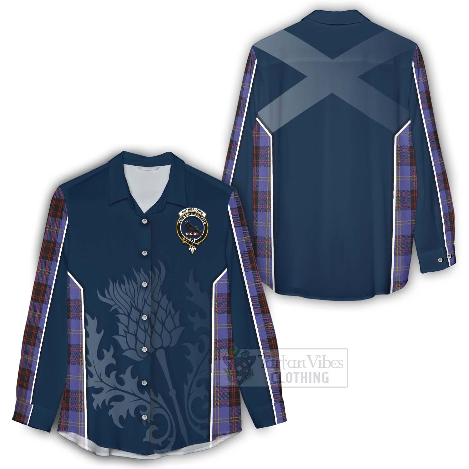 Tartan Vibes Clothing Rutherford Tartan Women's Casual Shirt with Family Crest and Scottish Thistle Vibes Sport Style