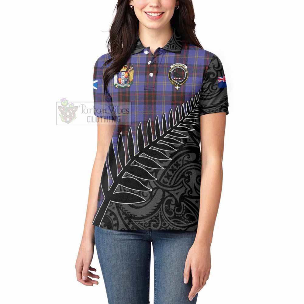 Tartan Vibes Clothing Rutherford Crest Tartan Women's Polo Shirt with New Zealand Silver Fern Half Style