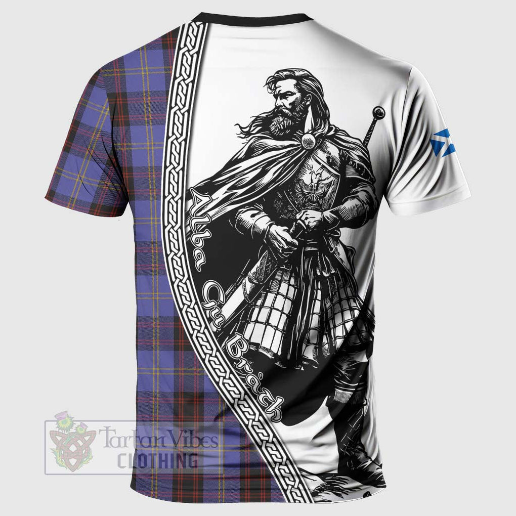 Tartan Vibes Clothing Rutherford Tartan Clan Crest T-Shirt with Highlander Warrior Celtic Style