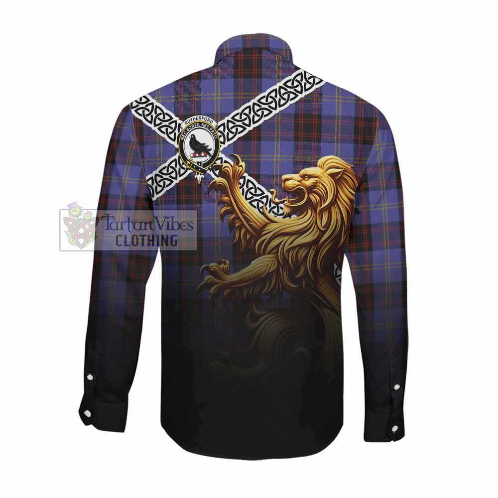 Rutherford Crest Tartan Long Sleeve Button Shirt with Golden Lion Emblem Celtic Style Men's Shirt - Tartan Vibes Clothing
