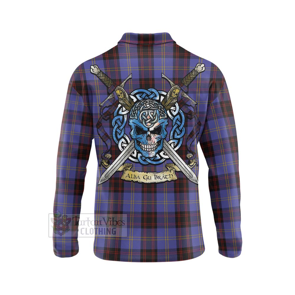 Tartan Vibes Clothing Rutherford Tartan Long Sleeve Polo Shirt with Family Crest Celtic Skull Style