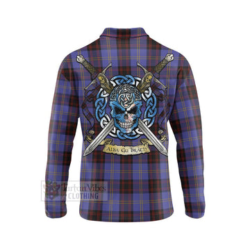 Rutherford Tartan Long Sleeve Polo Shirt with Family Crest Celtic Skull Style