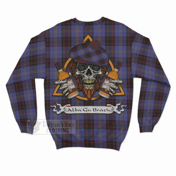 Rutherford Tartan Sweatshirt with Family Crest and Bearded Skull Holding Bottles of Whiskey