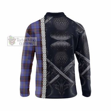 Rutherford Tartan Long Sleeve Polo Shirt with Family Crest Cross Sword Thistle Celtic Vibes