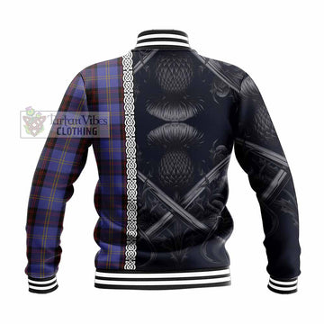 Rutherford Tartan Baseball Jacket with Family Crest Cross Sword Thistle Celtic Vibes