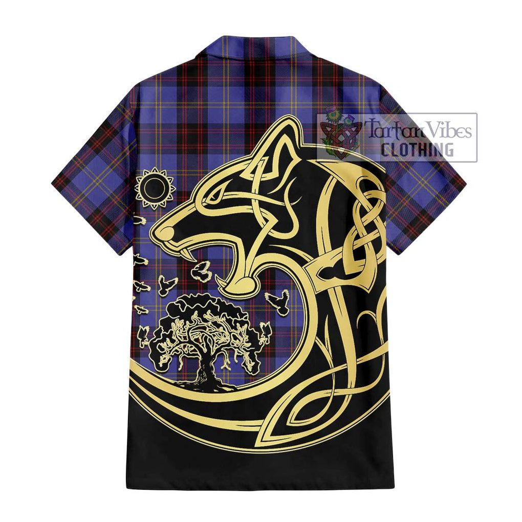 Rutherford Tartan Short Sleeve Button Shirt with Family Crest Celtic Wolf Style - Tartan Vibes Clothing