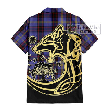 Rutherford Tartan Short Sleeve Button Shirt with Family Crest Celtic Wolf Style