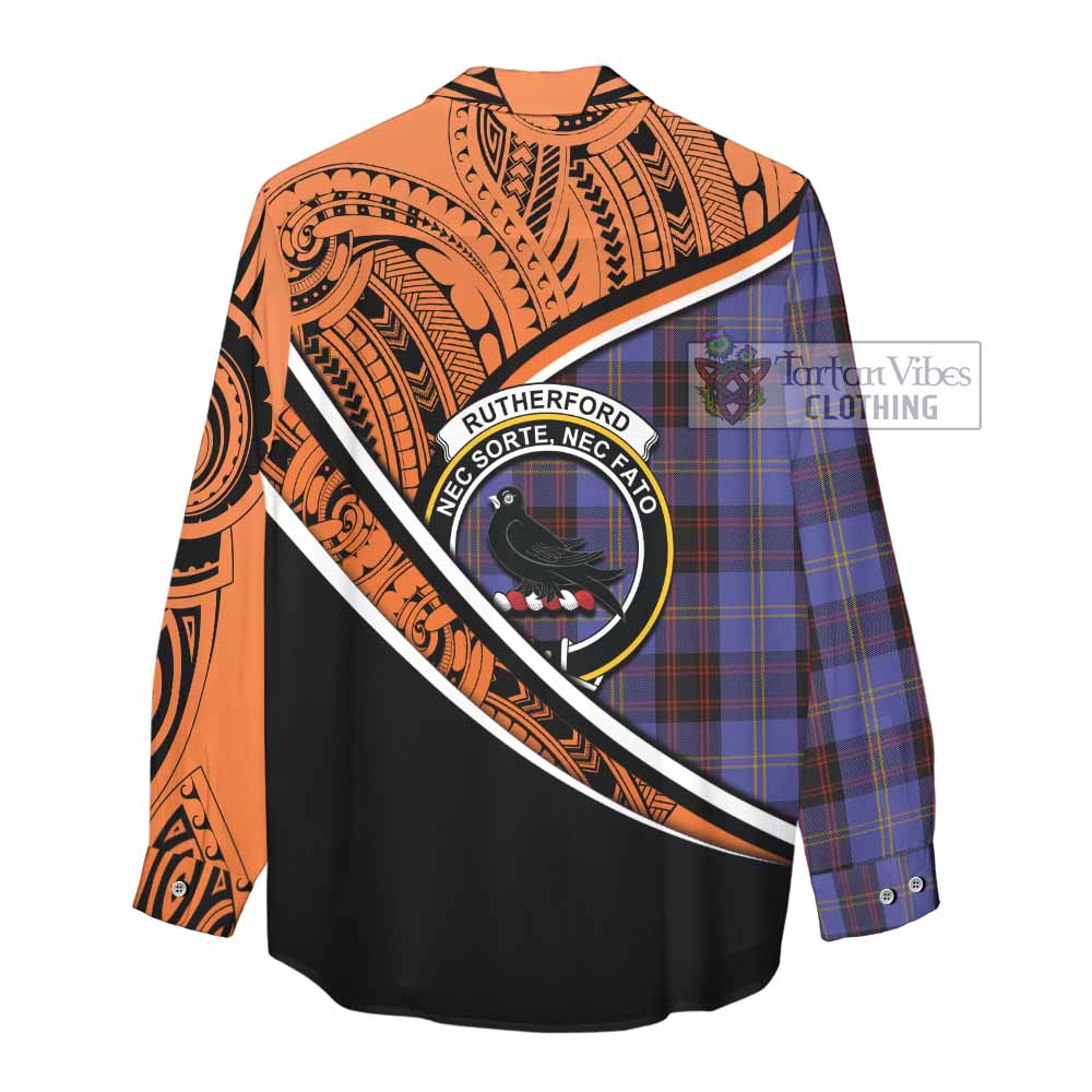 Tartan Vibes Clothing Rutherford Crest Tartan Women's Casual Shirt with Maori Tattoo Style - Orange Version