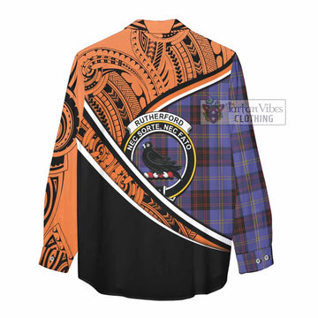 Rutherford Crest Tartan Women's Casual Shirt with Polynesian Vibes Style - Orange Version