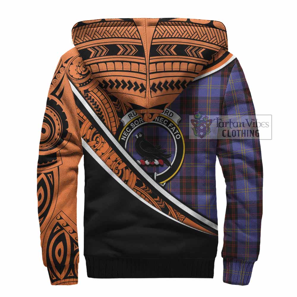 Tartan Vibes Clothing Rutherford Crest Tartan Sherpa Hoodie with Maori Tattoo Style - Orange Version