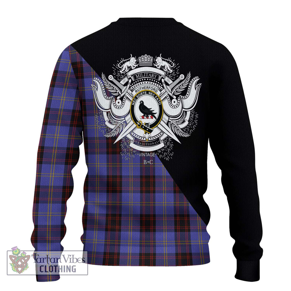 Rutherford Tartan Knitted Sweater with Family Crest and Military Logo Style - Tartanvibesclothing Shop