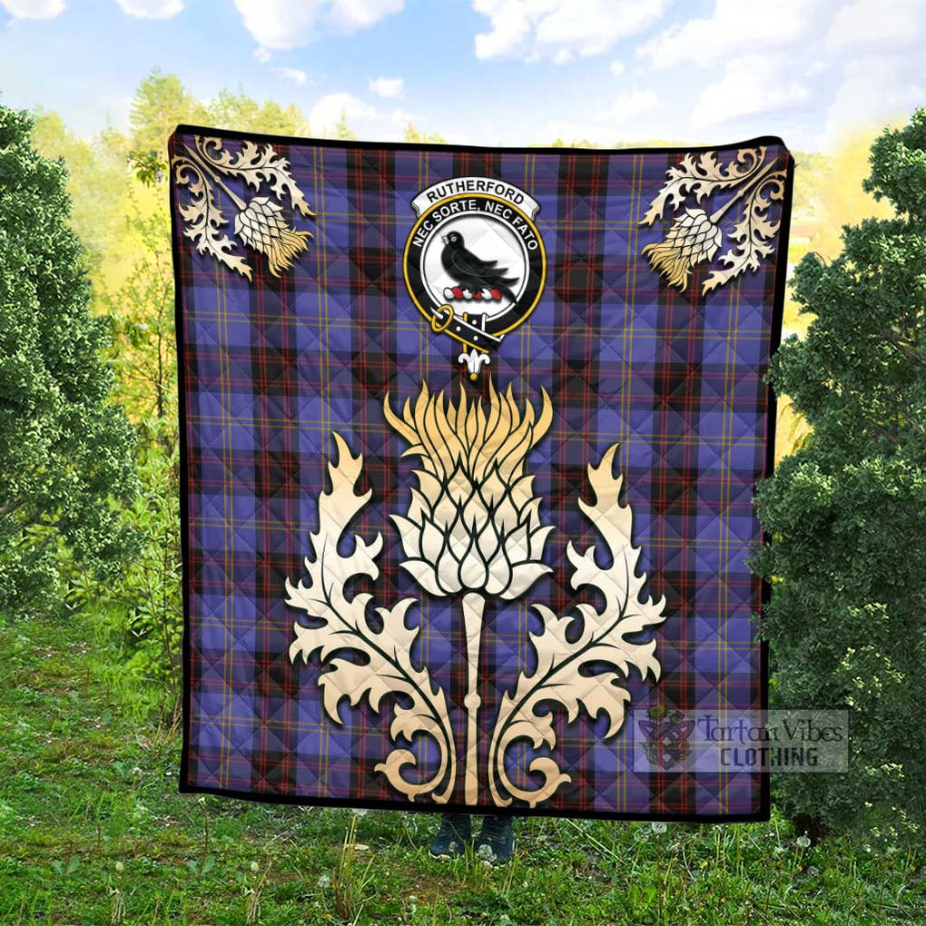 Tartan Vibes Clothing Rutherford Tartan Quilt with Family Crest and Golden Thistle Style