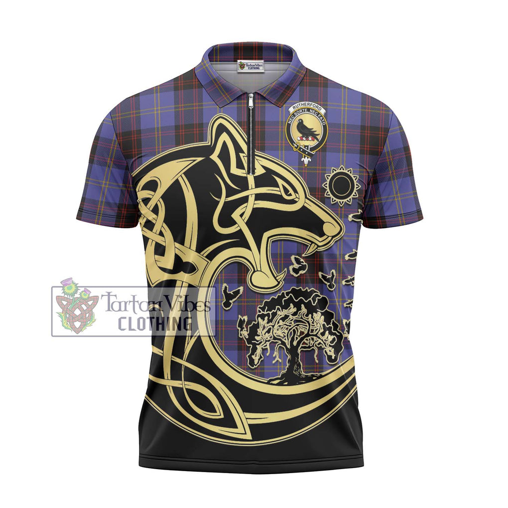 Rutherford Tartan Zipper Polo Shirt with Family Crest Celtic Wolf Style - Tartanvibesclothing Shop