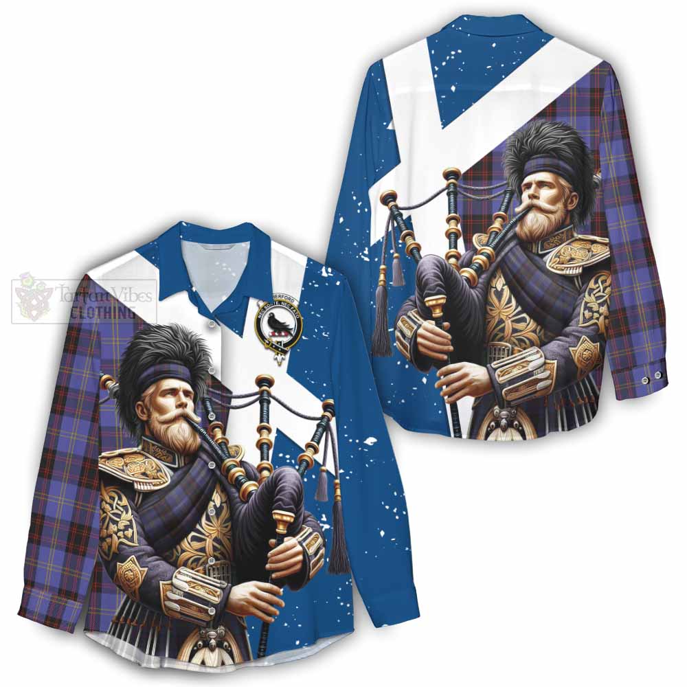 Tartan Vibes Clothing Rutherford Tartan Women's Casual Shirt with Family Crest Scottish Bagpiper Vibes