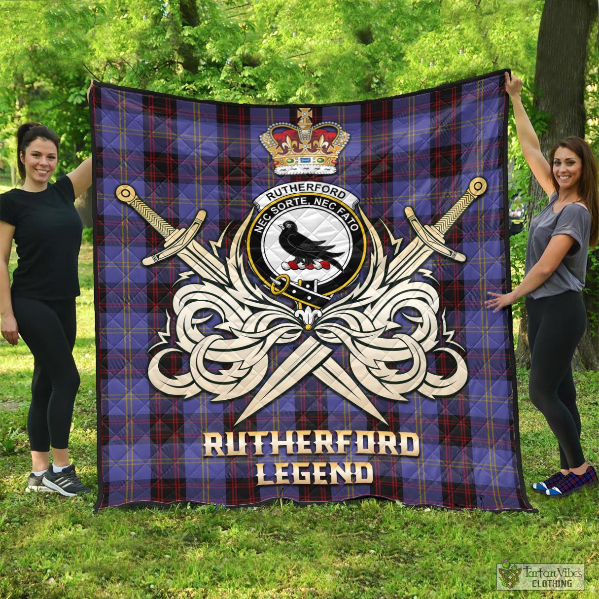 Tartan Vibes Clothing Rutherford Tartan Quilt with Clan Crest and the Golden Sword of Courageous Legacy