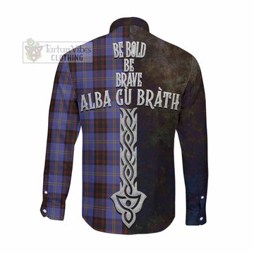 Rutherford Tartan Family Crest Long Sleeve Button Shirt Alba Gu Brath Be Brave Lion Ancient Style Men's Shirt - Tartan Vibes Clothing