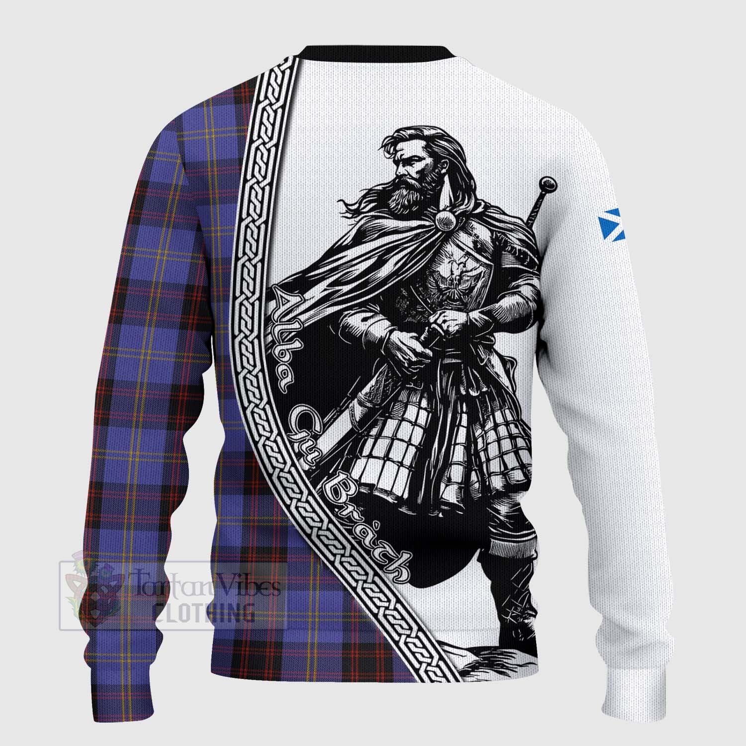 Tartan Vibes Clothing Rutherford Tartan Clan Crest Knitted Sweater with Highlander Warrior Celtic Style