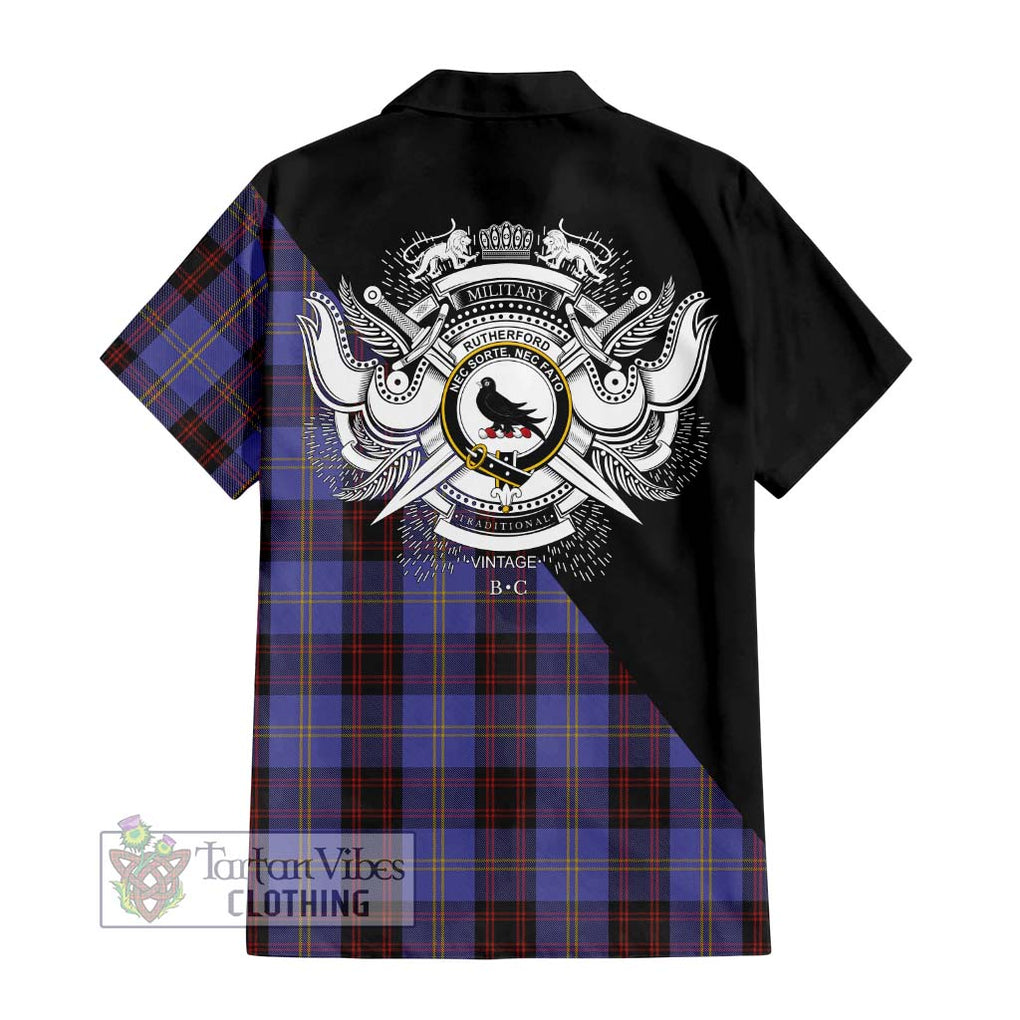 Rutherford Tartan Short Sleeve Button Shirt with Family Crest and Military Logo Style - Tartanvibesclothing Shop