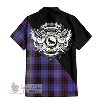 Rutherford Tartan Short Sleeve Button Shirt with Family Crest and Military Logo Style