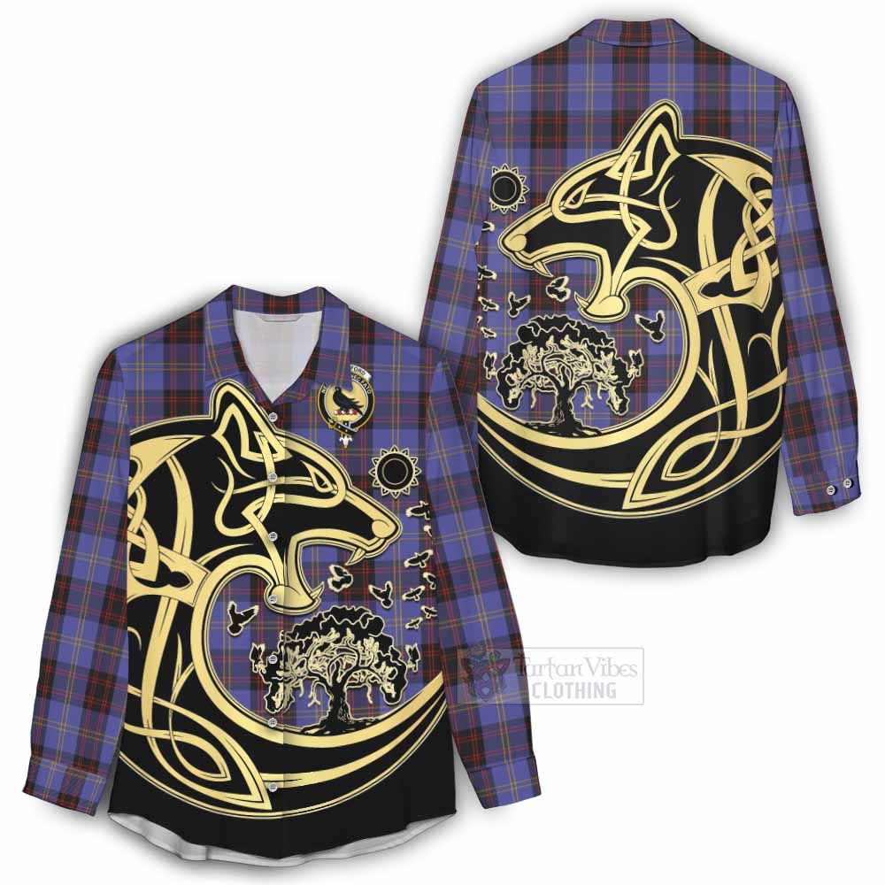 Tartan Vibes Clothing Rutherford Tartan Women's Casual Shirt with Family Crest Celtic Wolf Style