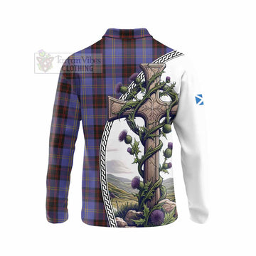 Rutherford Tartan Long Sleeve Polo Shirt with Family Crest and St. Andrew's Cross Accented by Thistle Vines