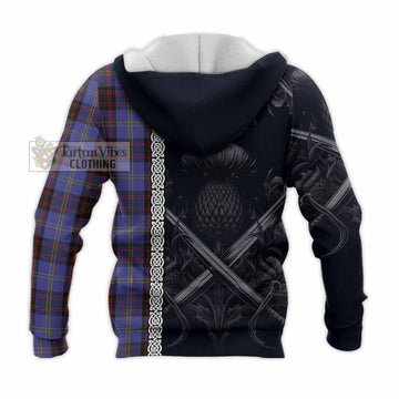 Rutherford Tartan Knitted Hoodie with Family Crest Cross Sword Thistle Celtic Vibes