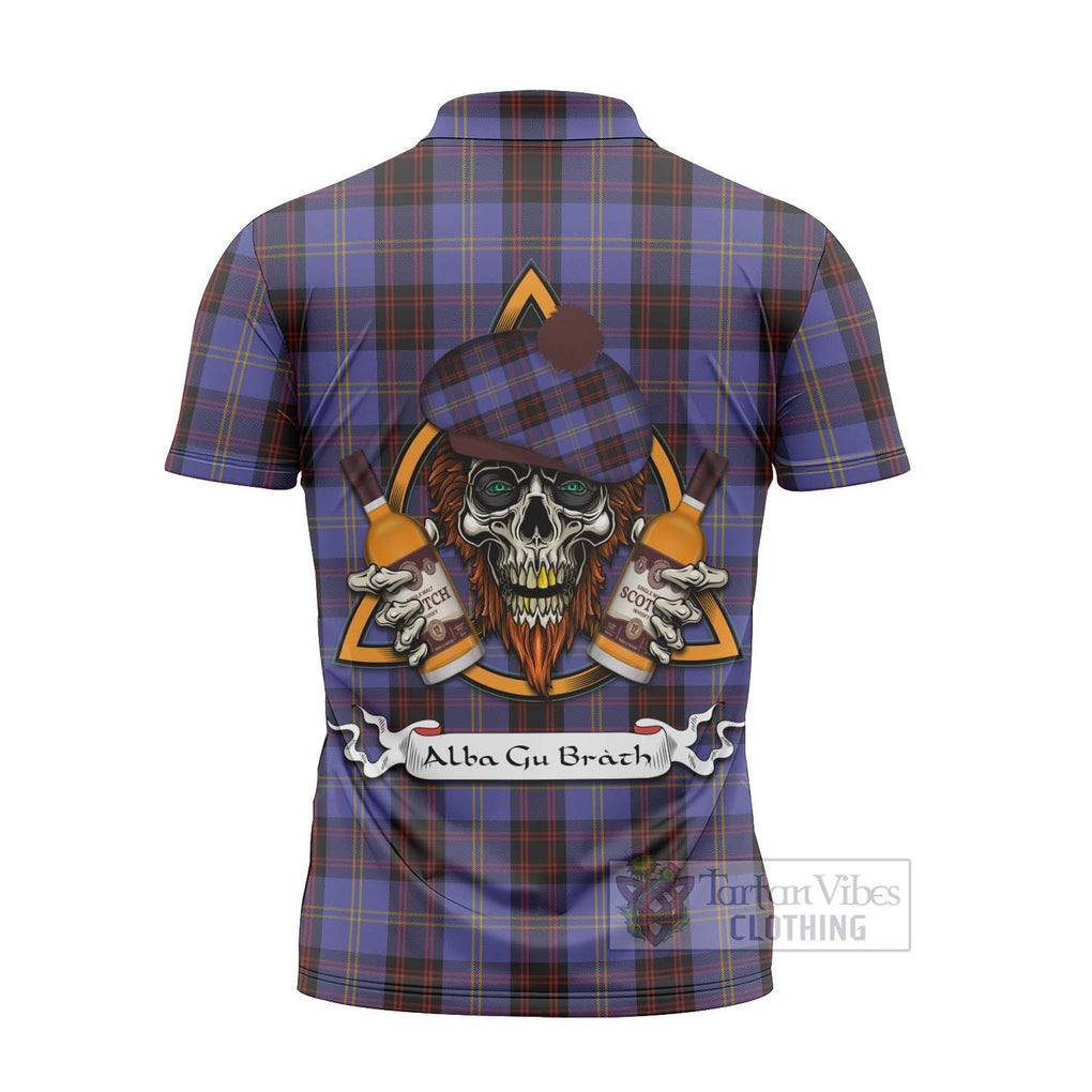 Tartan Vibes Clothing Rutherford Tartan Zipper Polo Shirt with Family Crest and Bearded Skull Holding Bottles of Whiskey