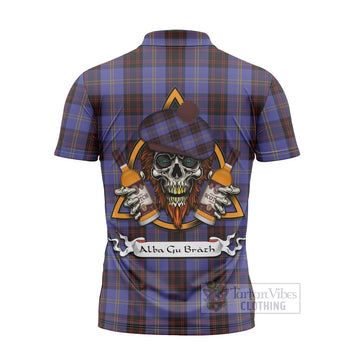 Rutherford Tartan Zipper Polo Shirt with Family Crest and Bearded Skull Holding Bottles of Whiskey