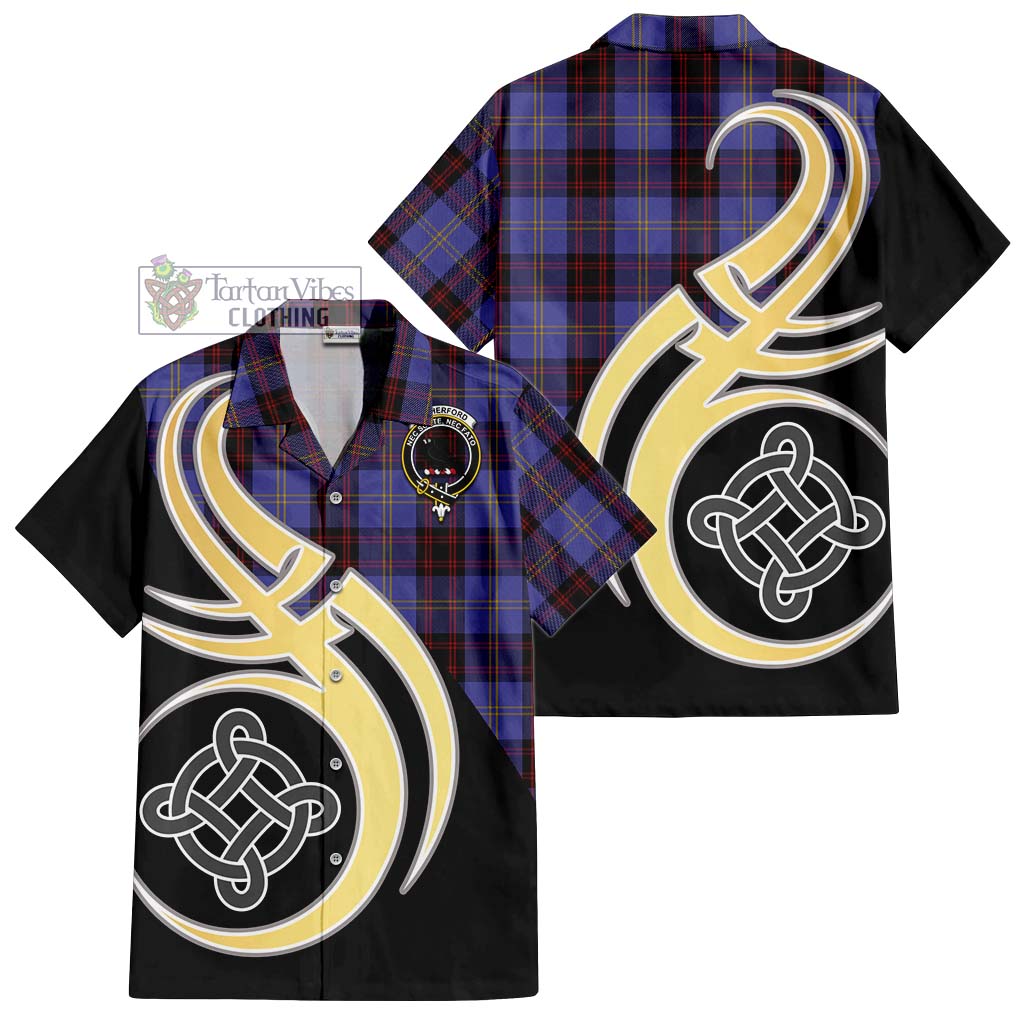 Rutherford Tartan Short Sleeve Button Shirt with Family Crest and Celtic Symbol Style - Tartan Vibes Clothing