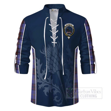 Rutherford Tartan Ghillie Kilt Shirt with Family Crest and Scottish Thistle Vibes Sport Style