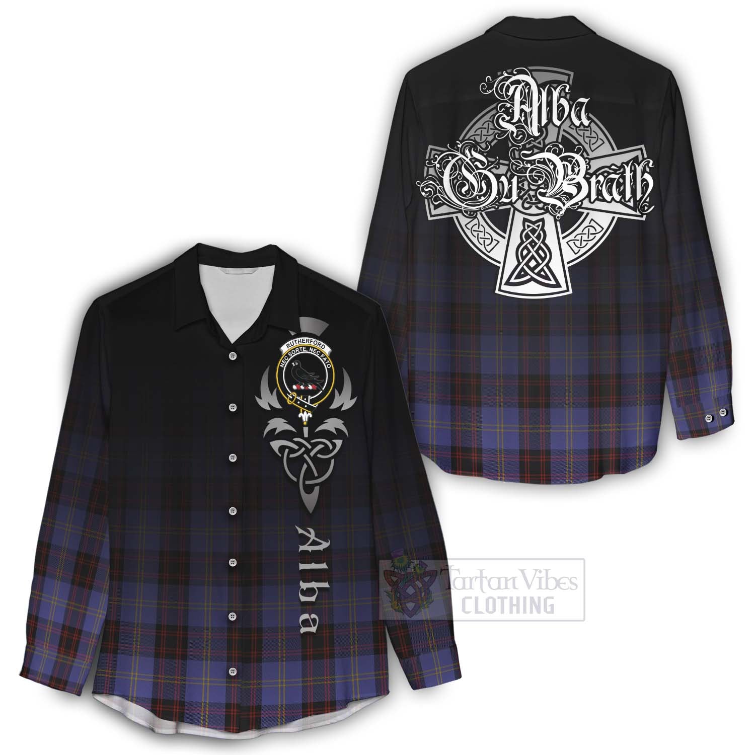 Tartan Vibes Clothing Rutherford Tartan Women's Casual Shirt Featuring Alba Gu Brath Family Crest Celtic Inspired