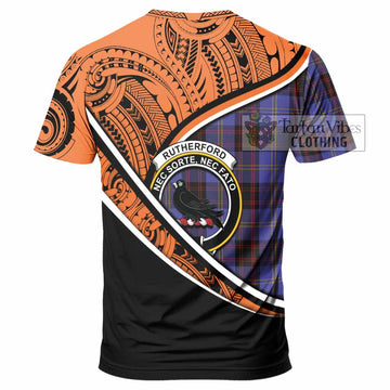 Rutherford Crest Tartan T-Shirt with Polynesian Vibes Style - Orange Version