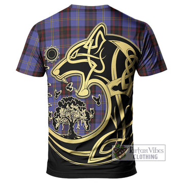 Rutherford Tartan T-Shirt with Family Crest Celtic Wolf Style