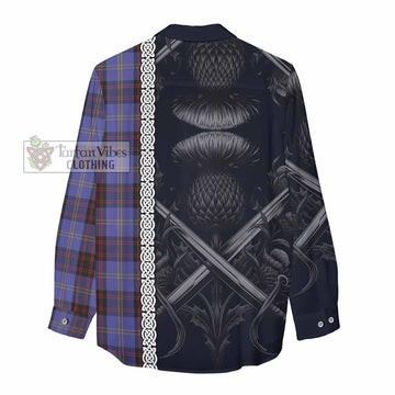 Rutherford Tartan Women's Casual Shirt with Family Crest Cross Sword Thistle Celtic Vibes